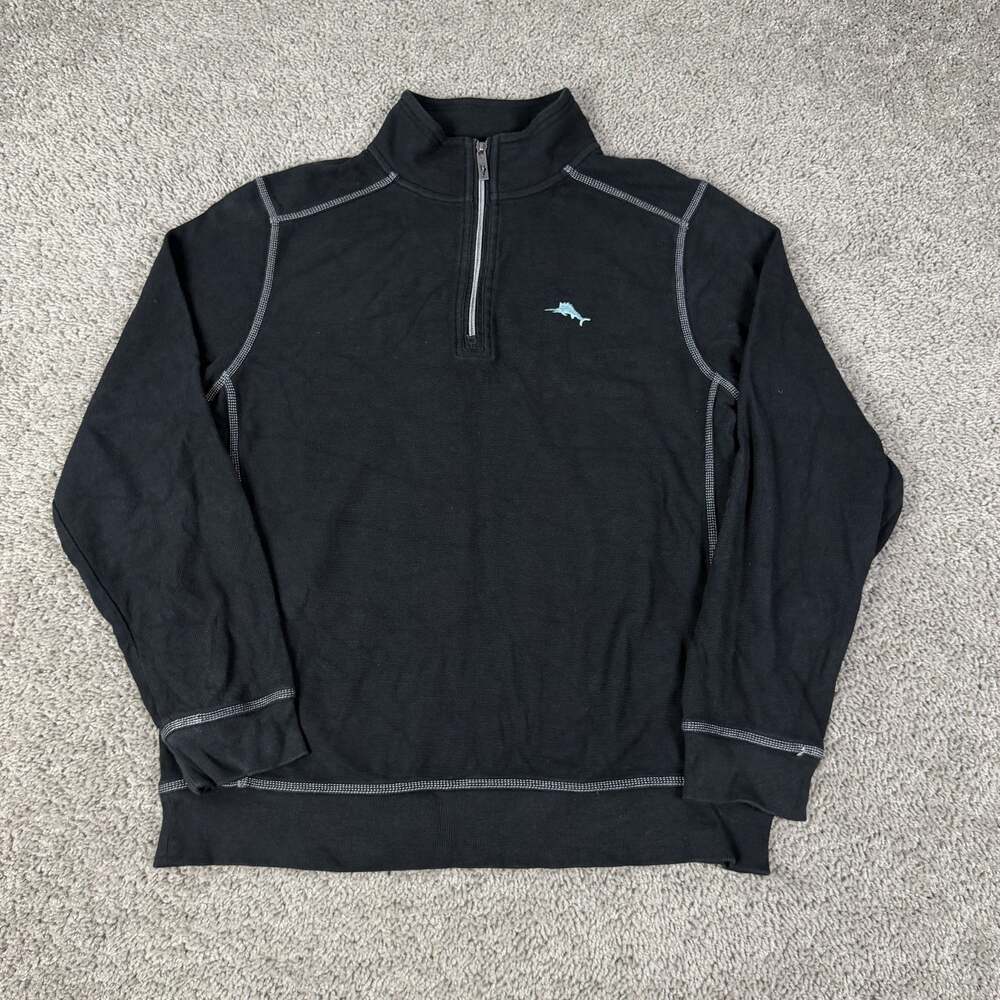 Tommy Bahama Sweatshirt Mens S Black Pullover 1/4 Zip Mock Neck Contrast Stitch
